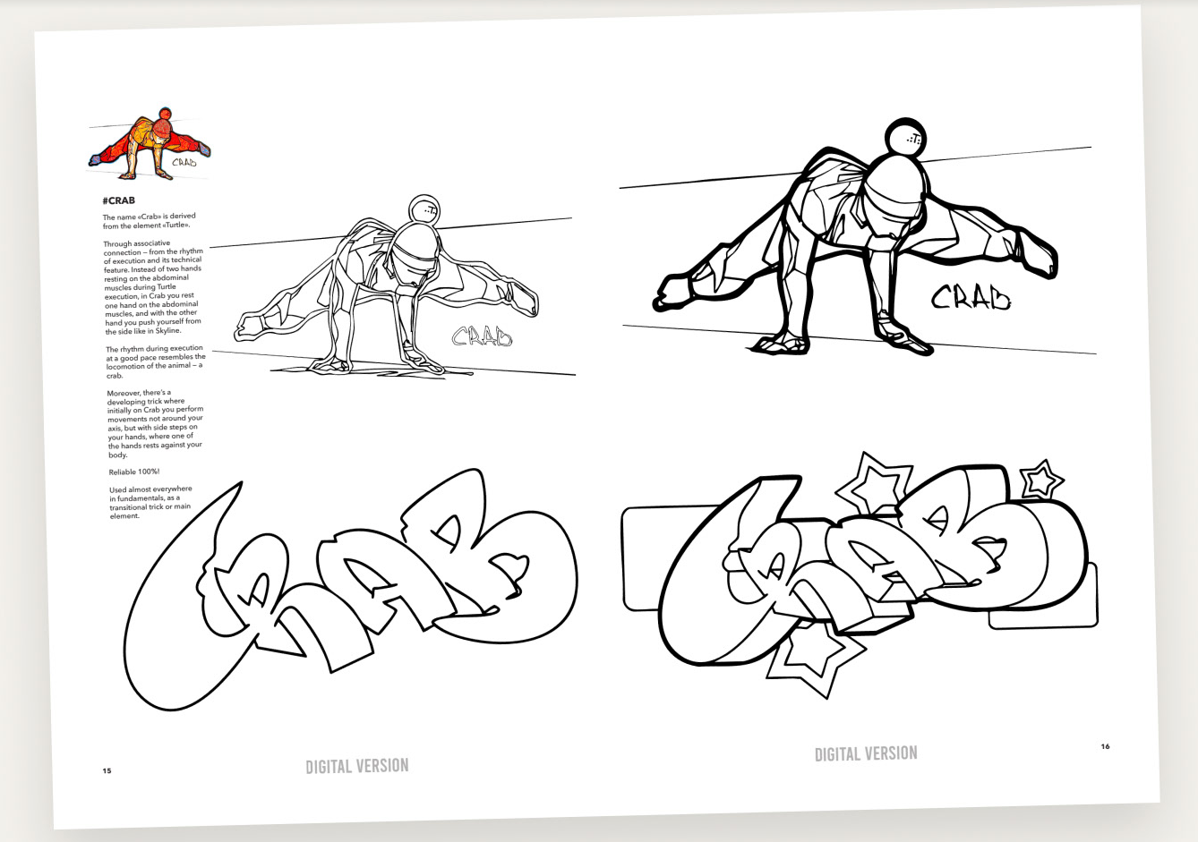 Crab power move information and coloring spread from Ackoom Coloring Book